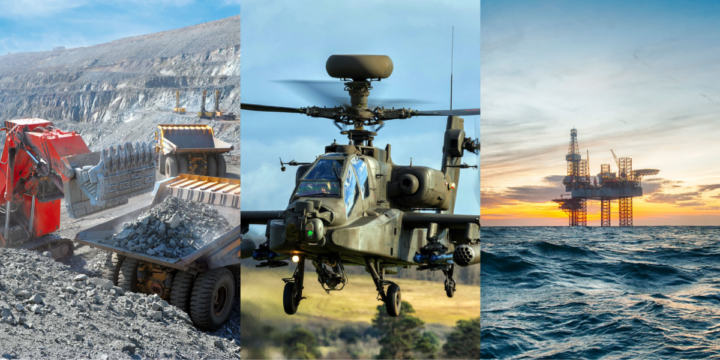 Three images side by side of mining machinery, military helicopter, and off shore oil rig