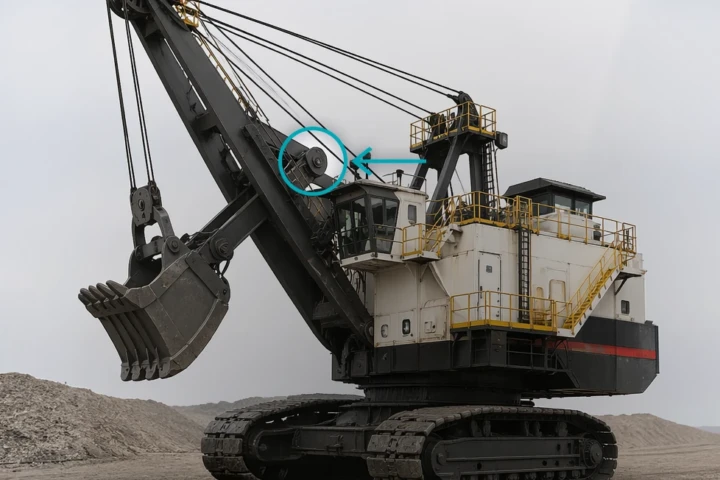 Close-up of a pulley and cables on the excavator arm, highlighted by a blue circle and arrow.