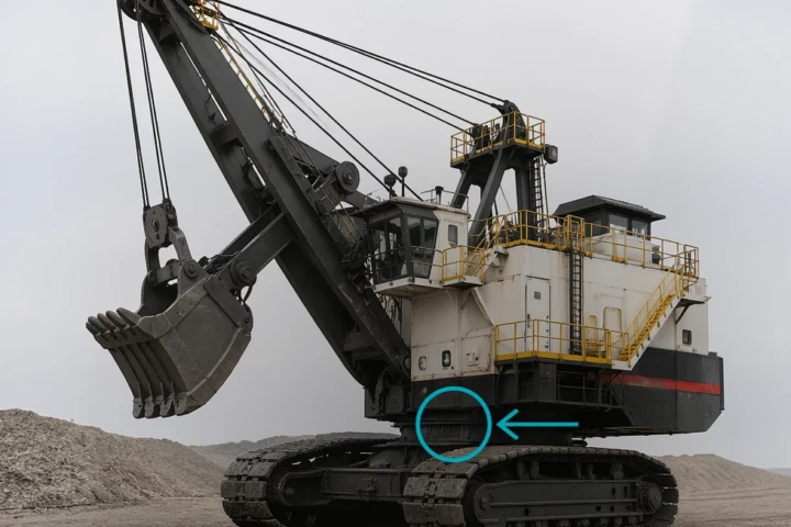 Large crawler excavator with a long black boom and bucket on a dirt site, yellow safety rails visible on the cabin.